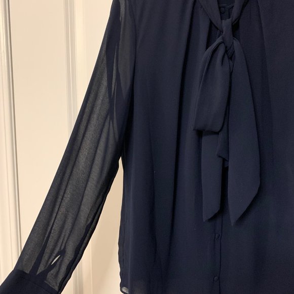 Zara Trafaluc Navy Blue Tie-Neck Sheer Button-up Long-Sleeve Blouse (US Size L) - Picture 4 of 9